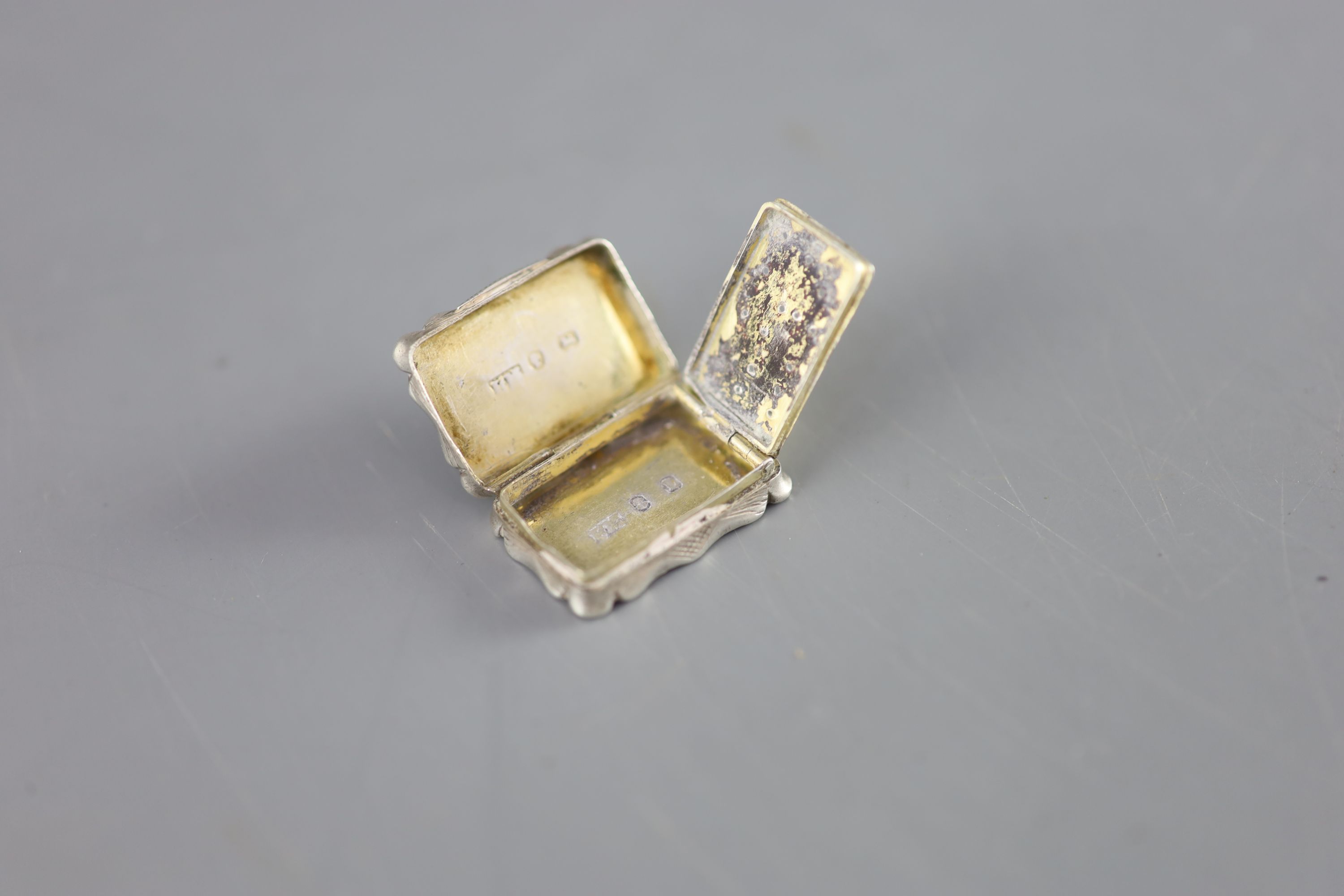 A Victorian silver rectangular vinaigrette, with engine turned ornament and ring, Frederick Marsden, Birmingham, 1860,